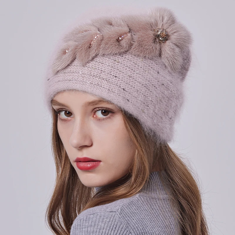 Winter Angora Wool Knit Hats for Women Real Mink Fur Leaves Pattern Beanie Fluffy Warm Hats for Ladies