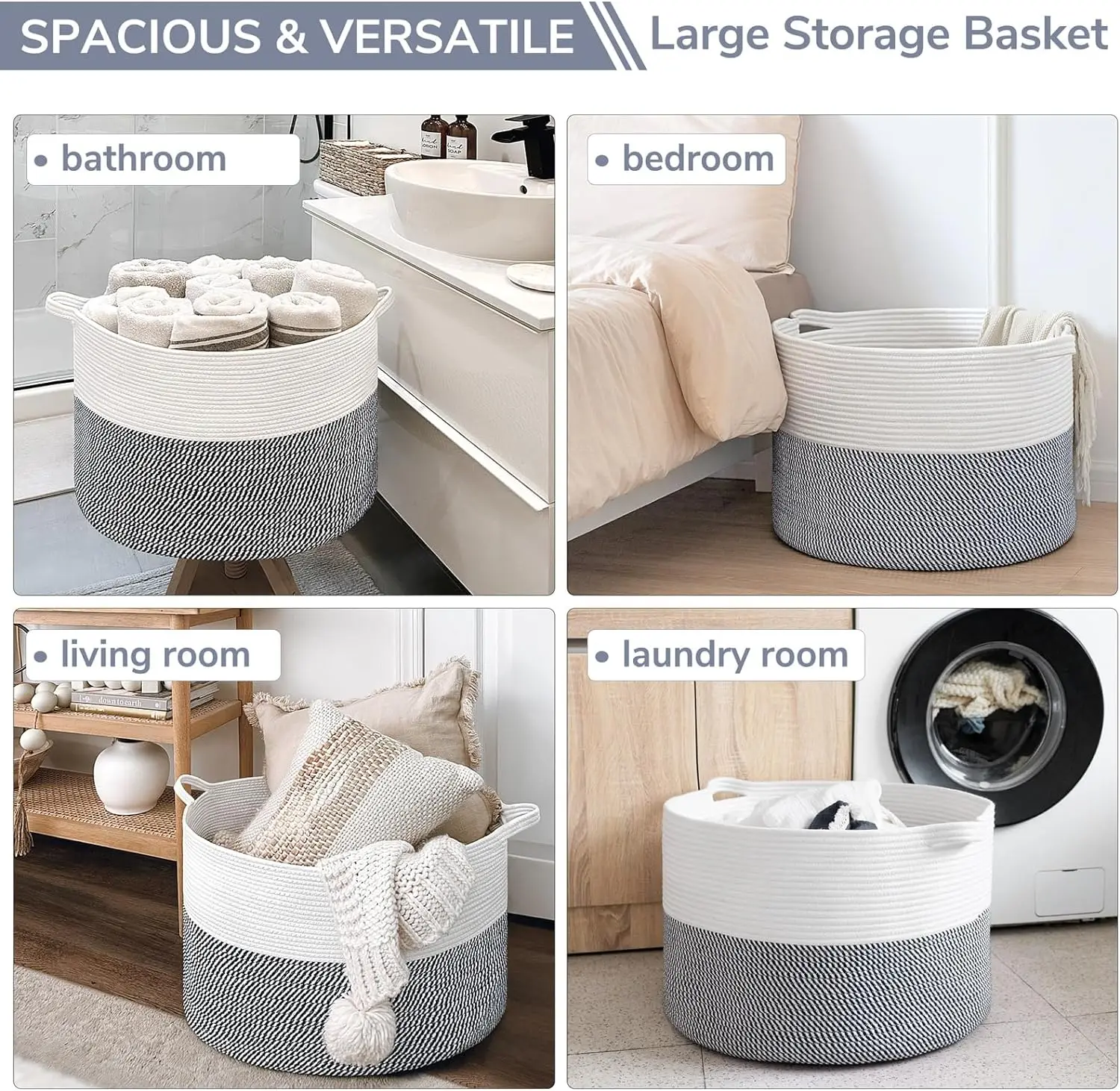 Woven Rope Basket with Handle, Cotton,Laundry Hamper, Basket Storage For Baby Laundry, Blanket, Toy, Comforter Cushions Navy
