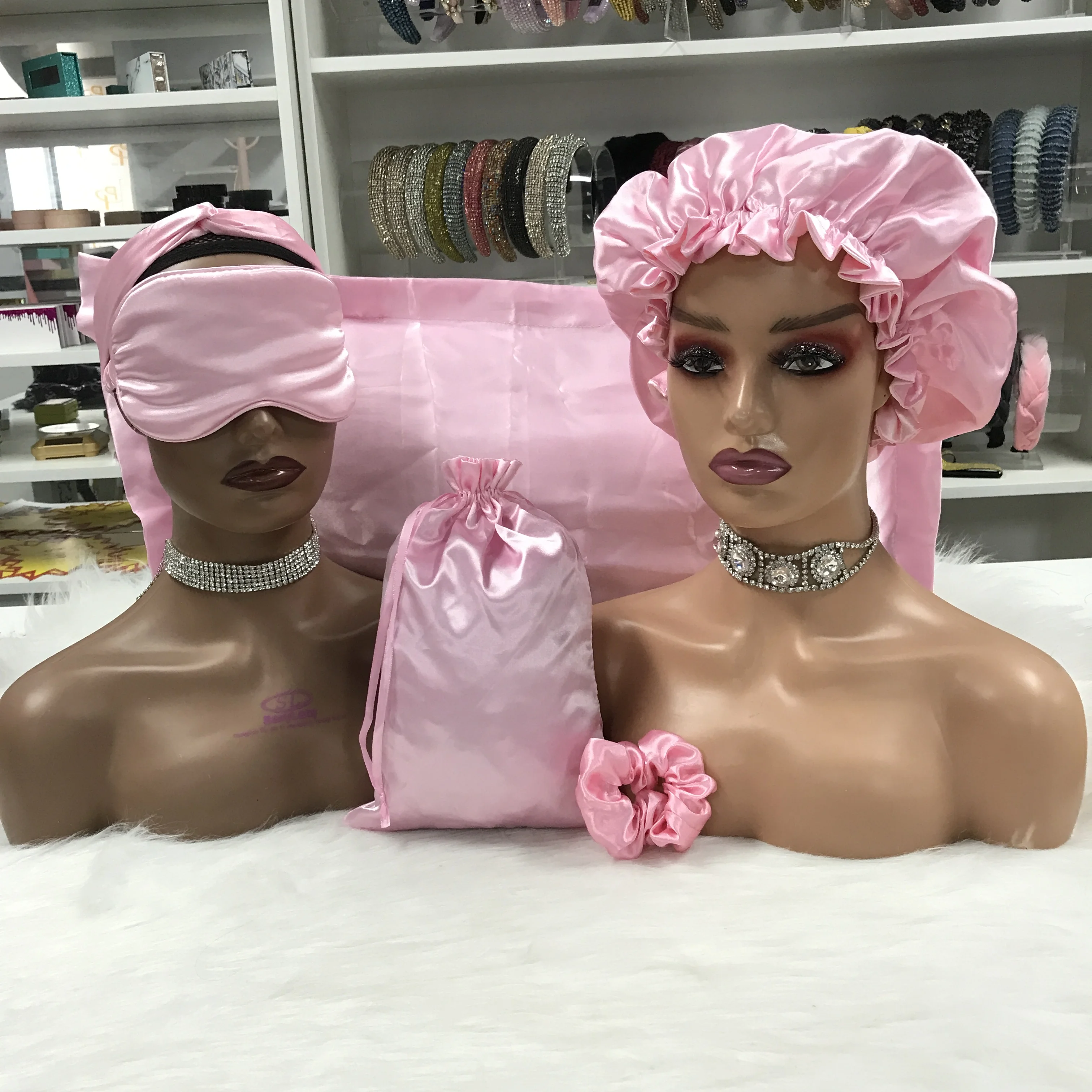 Wholesale pillow case set silk sleeping eye mask hair scrunchies hair bonnet with envelop satin pillow case