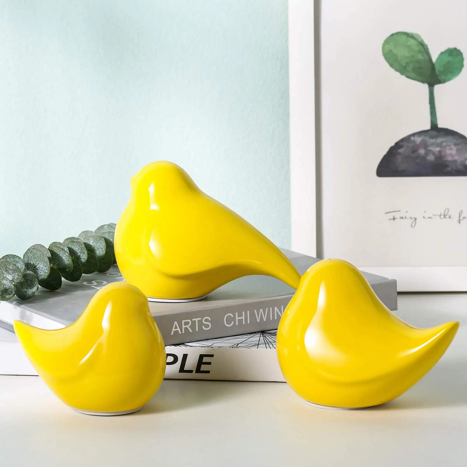 Yellow Ceramic Birds Figurines Home Decor Set of 3 for Living Room Decor Bright Yellow Office Decoration for Fireplace