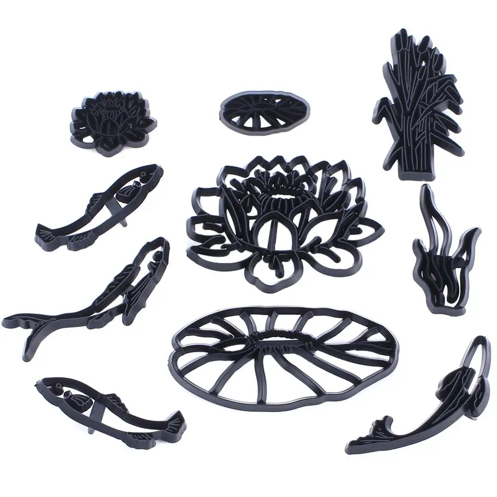 
10pcs/set Lotus Pond Cookie Cutter Molds Lotus Fish Fondant Die Cake Decorating Tools Chocolate Biscuit Sugarpaste Moulds 