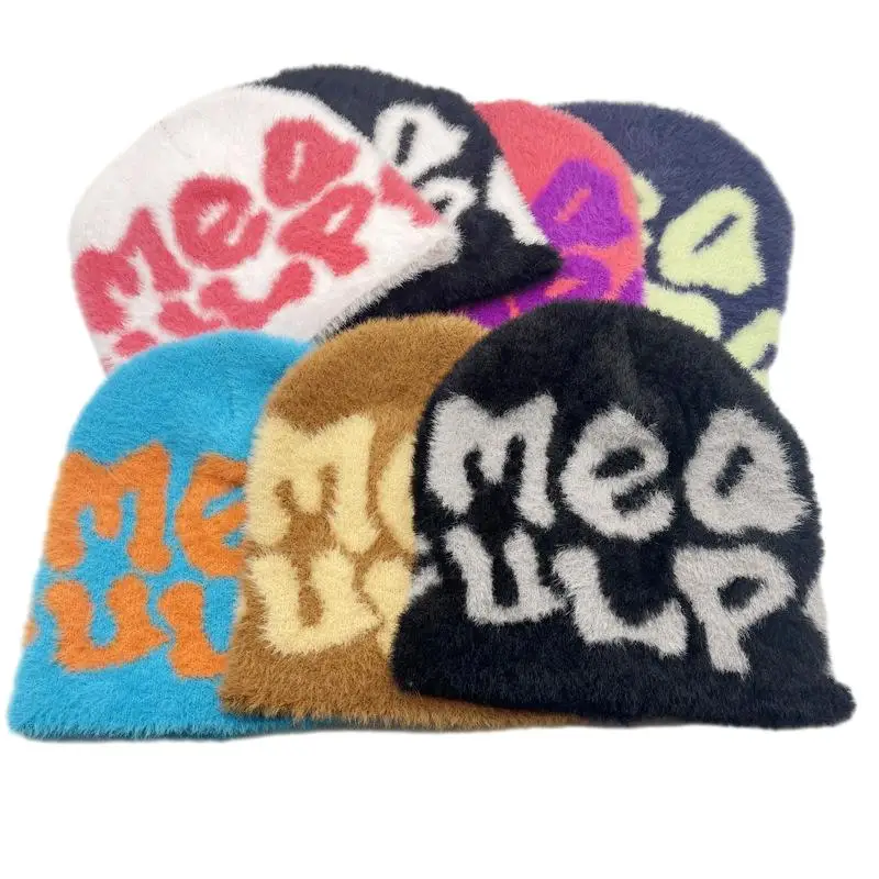 Custom fuzzy  mohair beanies custom adult 100% acrylic knit jacquard no cuff beanie hats