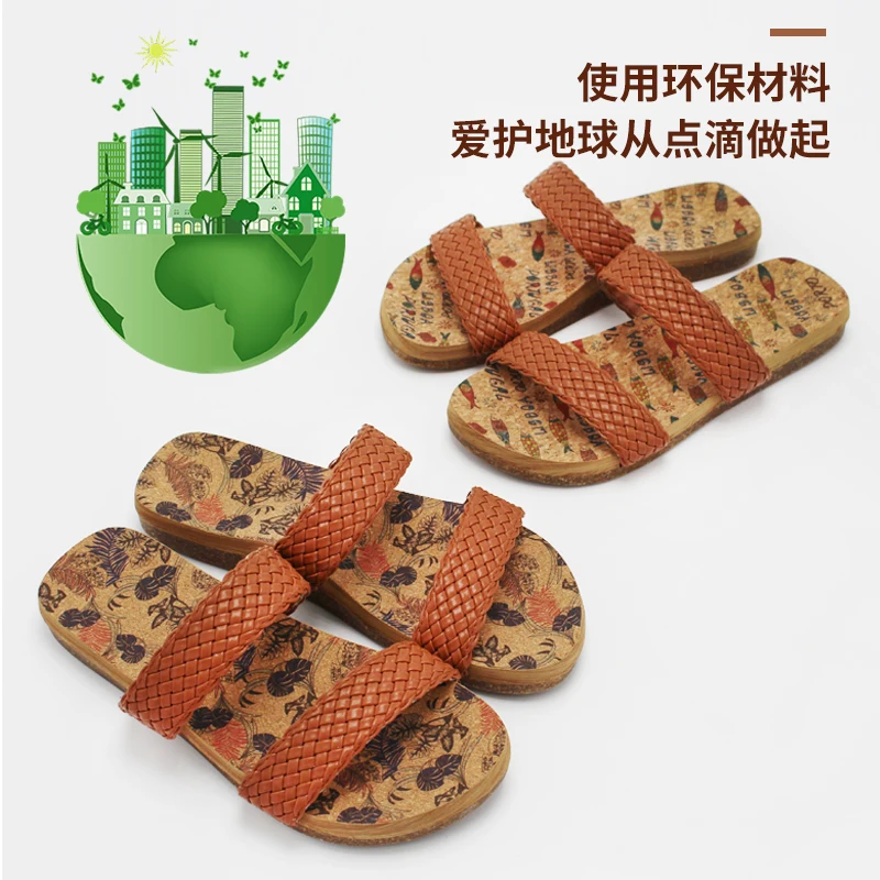 Manufacturer Hot Sale Ladies Women Flip Flop Slippers Women cork thong flip flop braided PU sandal with natural cork outsole