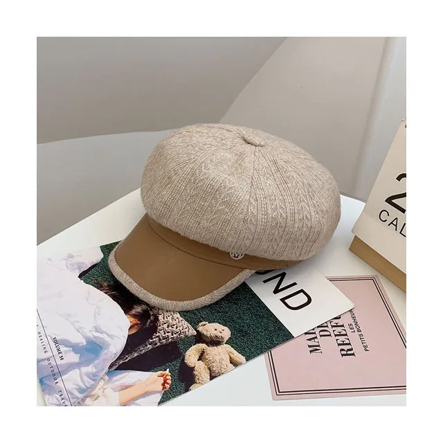 PU leather beret children fall and winter trend of British retro letters striped octagonal hat Arts and Culture painter hat