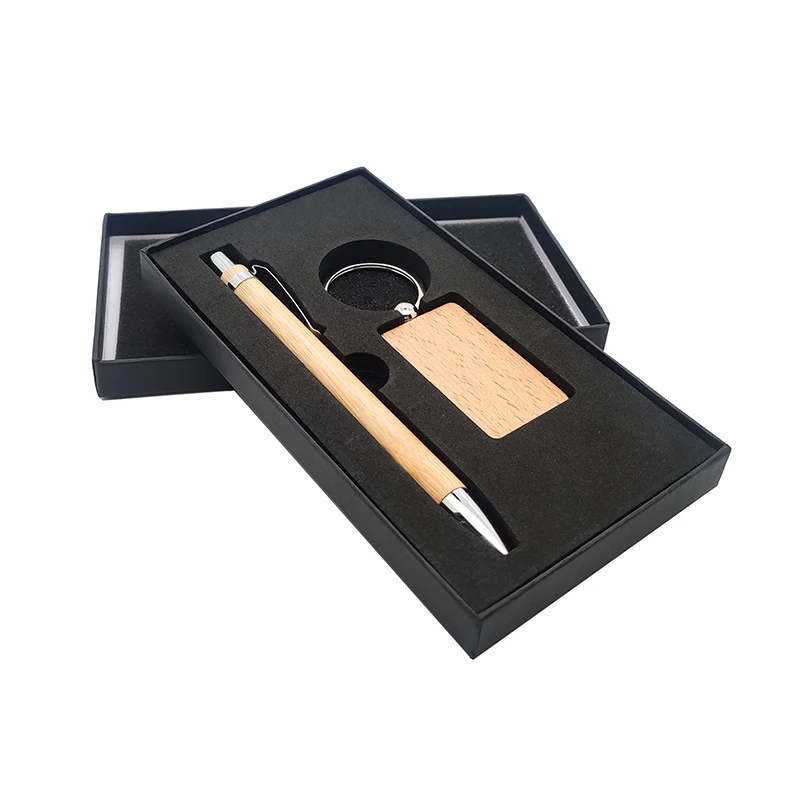 Promotional Brand Keychains Gift Item Bamboo Pen and Wooden Key Ring Gift Set