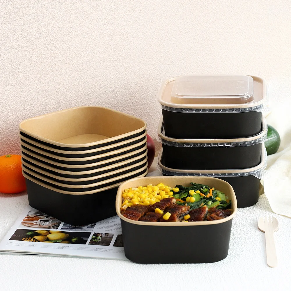 Custom Size Biodegradable Takeaway Disposable Compostable Kraft Square Paper Bio Bowl With PP Lid