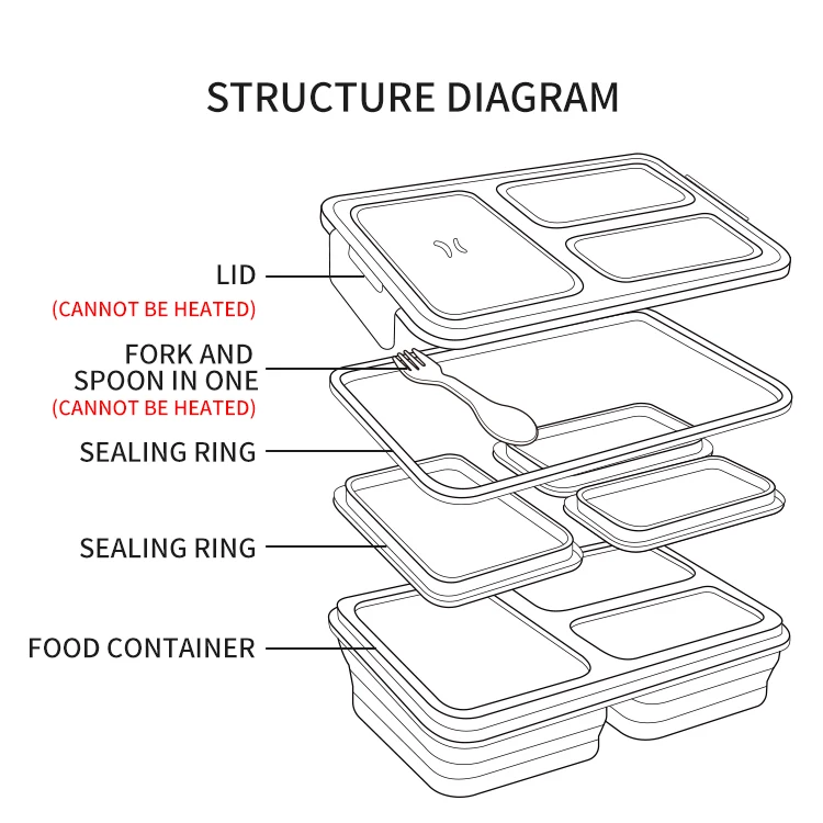 Hot Selling 3 Compartment Collapsible Food Storage & Containers Sealed Microwavable Foldable Silicone Bento Lunch Boxes for Kids