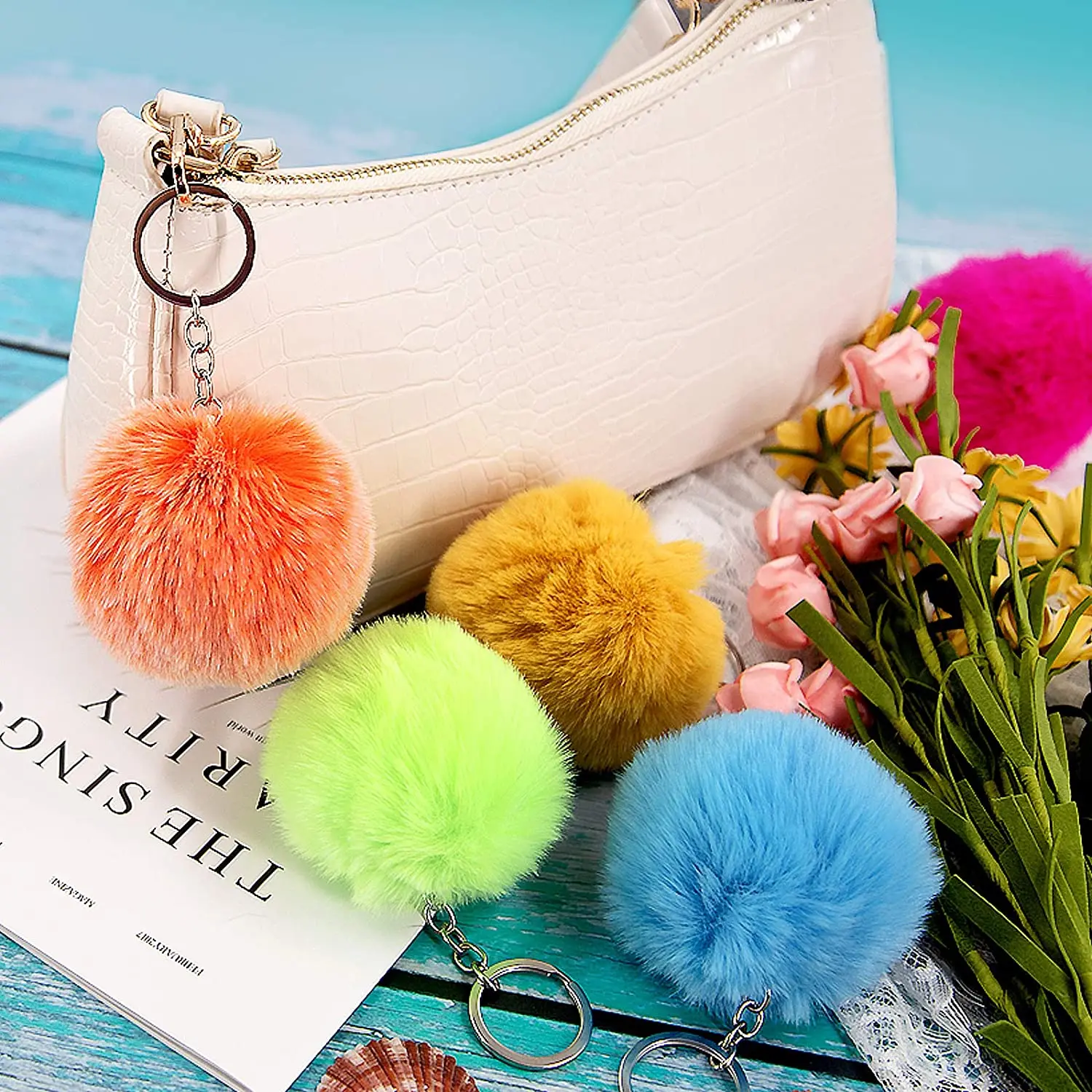 Soft Hand Feeling real fur Multi Color Mini Shaped Rabbit Heart Faux Fox Fluffy Puff Ball Fur Pom Poms Keychain Set