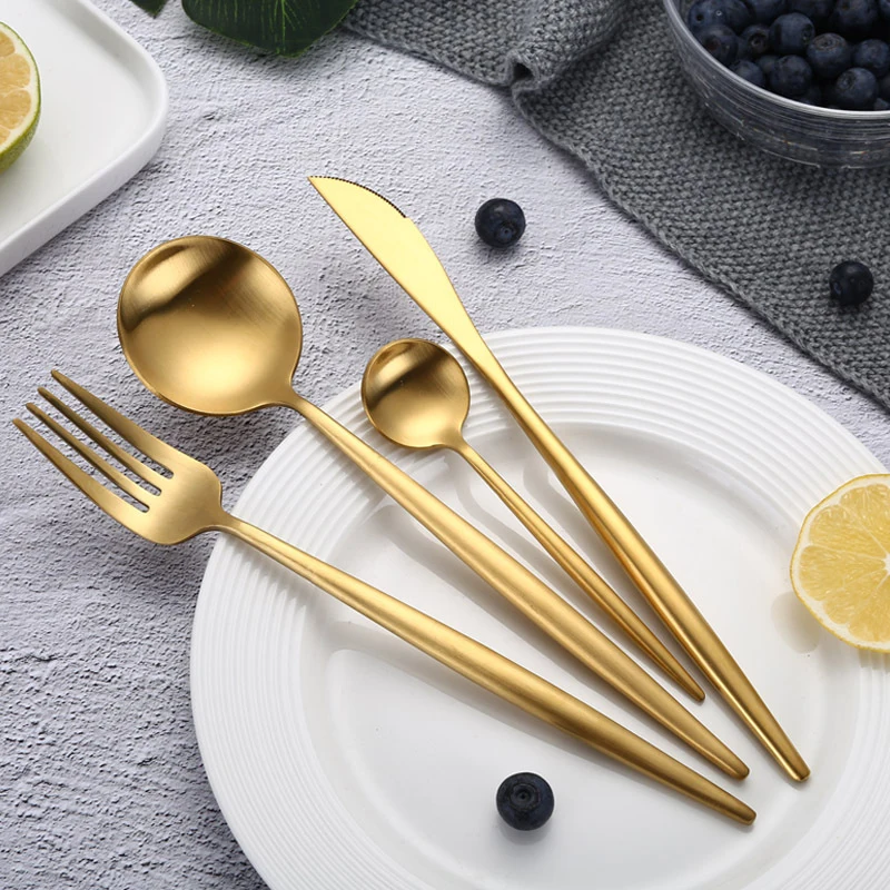 royal gold colour cutlery set wedding silverware hotel polish cutlery set manufacturers 18/10 stainless steel flatware