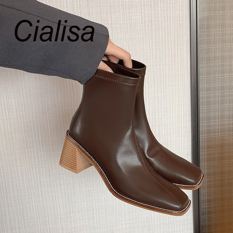 Cialisa Luxury Sheepskin Brown Black Short Boots Square Toe Autumn Winter Ankle Booties Block High Heels Women Shoes