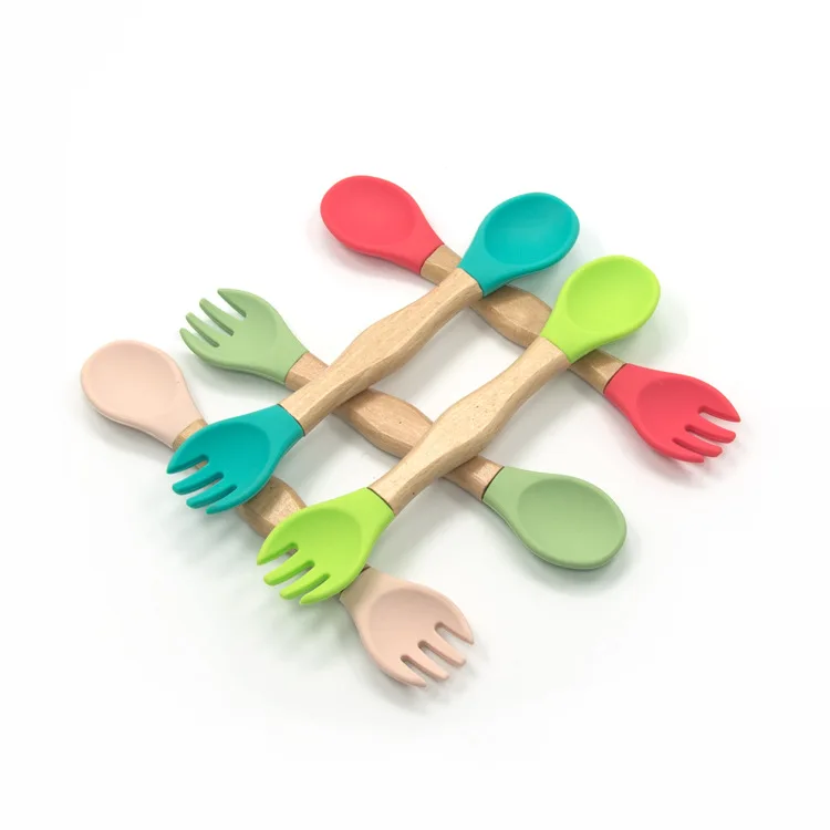 Organic Small Baby Feeding Bamboo Handle Silicone Kids Wooden Spoon and Fork Set