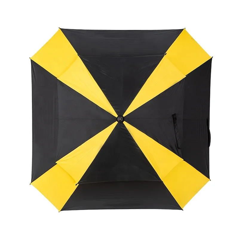 Yellow and Black 30in UV Coating Double Canopy Auto Open Fiberglass Frame Square Golf Umbrella with Custom Logo Print