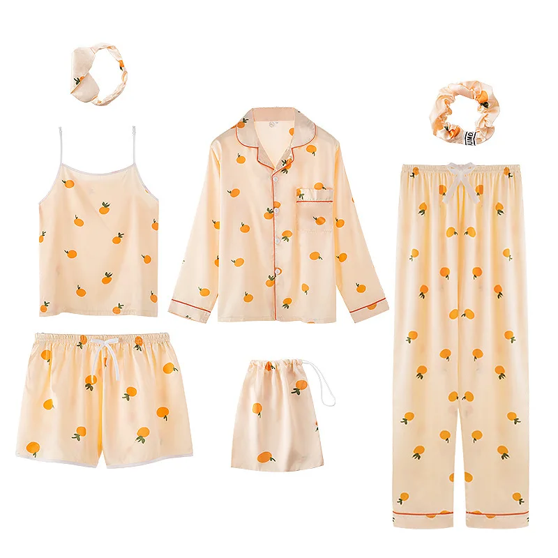 7 Pcs Set Ice Silk Satin Nigh Wear Long Pajamas Sexy Camisole Shorts silk pj sleepwear sets Women for Home wear