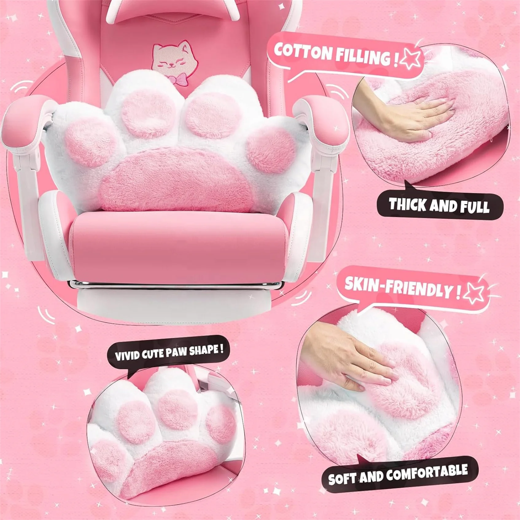 Leather Home Office Women Girl Cute Cat Gaming Chair Lumbar Pillow Pink hello cat gaming chair with footrest