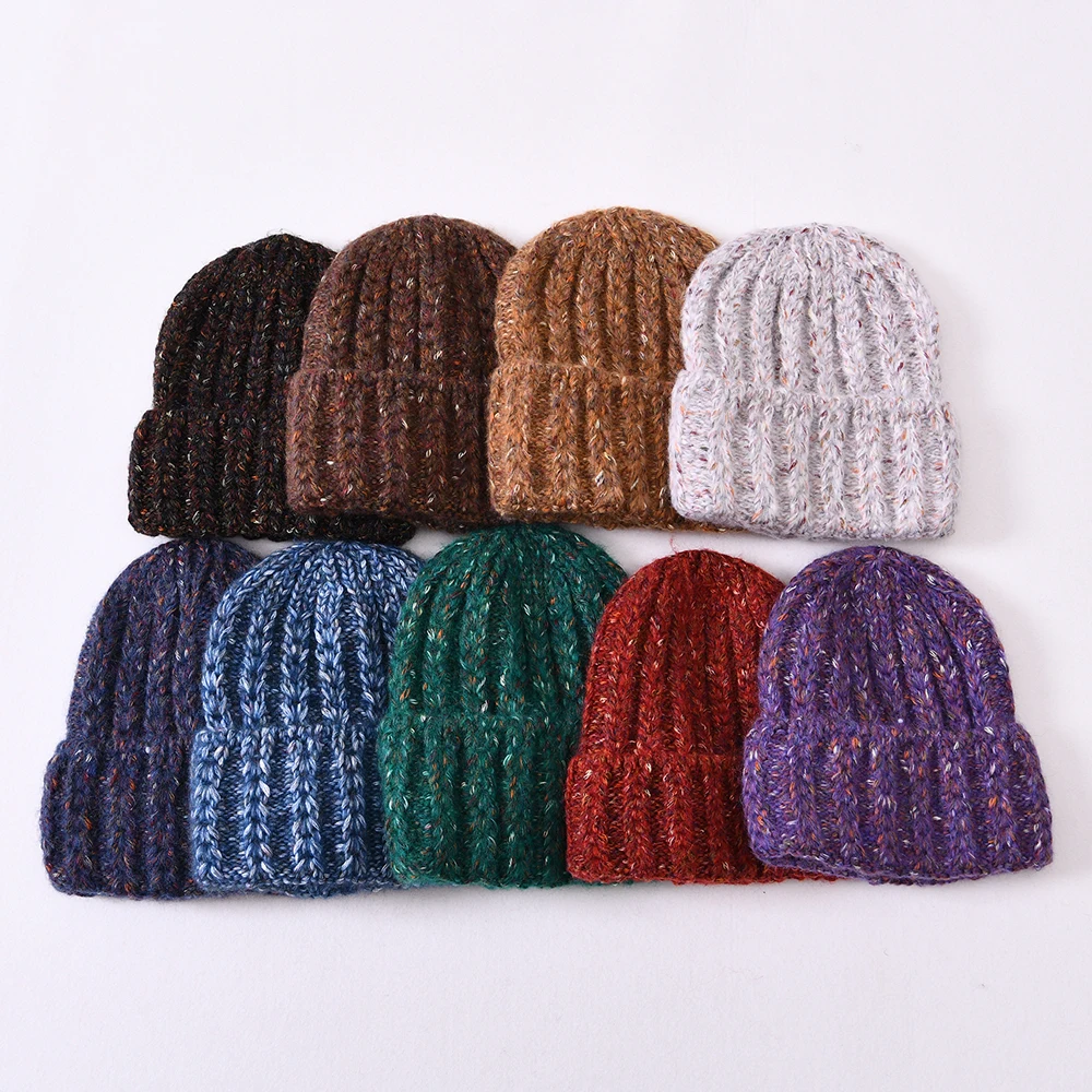 Custom Logo Hat Female Ladies Women Autumn Winter New Style Coarse Thick Mixed Color Wool Knitting Rolls Edge Cap Beanie Hat