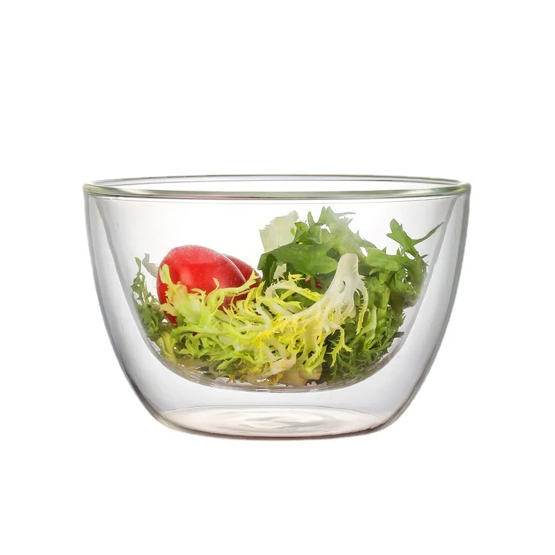 Factory Supply high temperature resistant double layer glass bowl borosilicate glass tableware fruit salad bowl