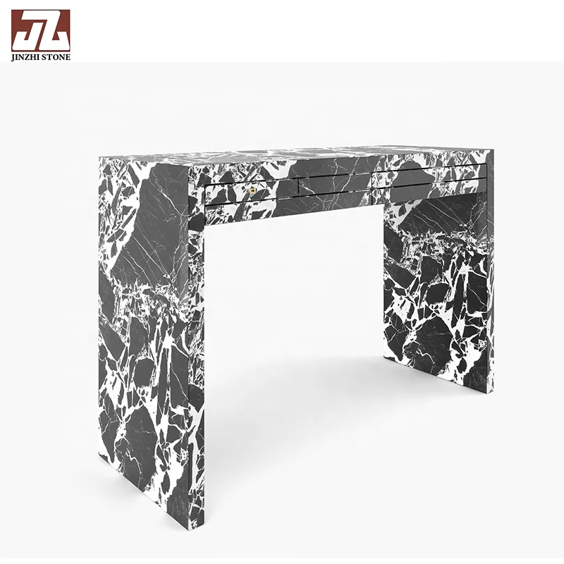 Modern Black Console Table with Travertine Handcrafted Bench Casual Fashion Design featuring Marble Table Top