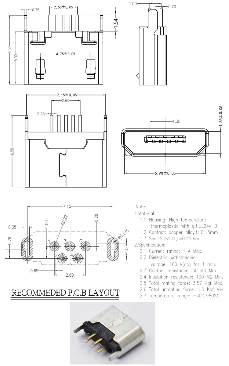 
Vertical B type female 180 degree Micro USB socket connector 5P Direct Plug-in for charging Mobile phone 