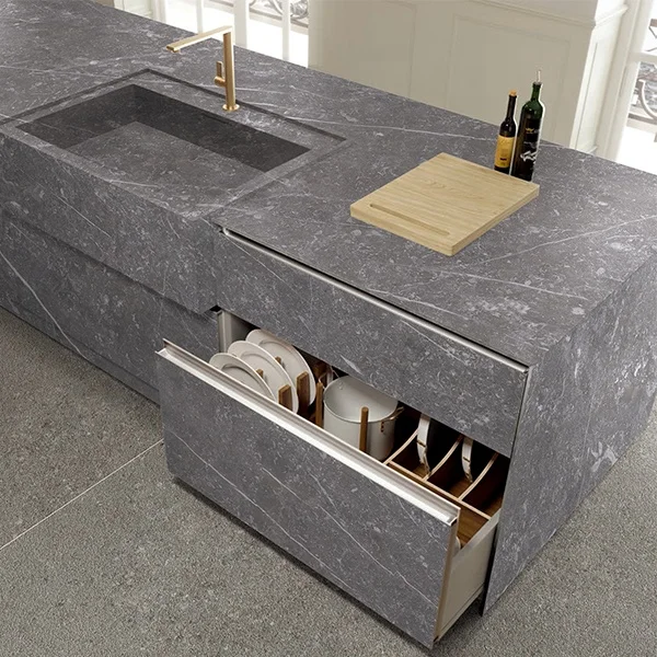 Тонкие плотные серые фарфоровые большие плиты кухонный столешница Спеченный камень