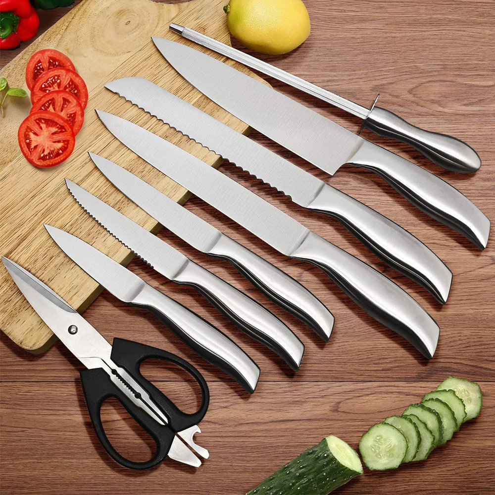 Hot sale stainless steel kitchen knife set blank with wooden block hollow handle for chef knives