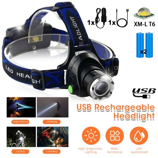 Налобный фонарик USB Перезаряжаемый светодиодный налобный фонарь IPX4 водонепроницаемый A4 фара с 4 режимами и регулируемое налобное