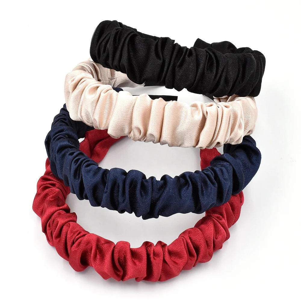 Bright Satin Volume Wave Boho Chain Print Silk Cloth Fabric Hair Accessories Head Band Ruffle Scrunchie Fluffy Headband