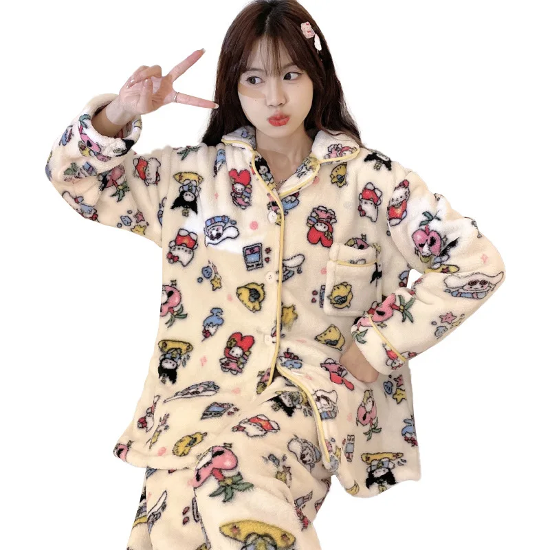 2Pcs Kawaii Sanrioed Kitty Cartoon Pajamas Print Trousers Suit Soft Coral Fleece Warm Sleepwear for Girls Winter Home Clothes