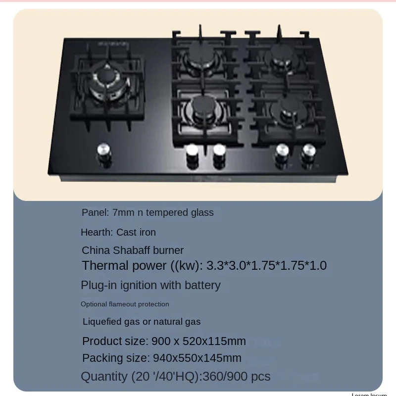 Manufacturer New Design Custom Cheap Good Price Glass Gas Stove Tempered glass Gas Burner Cheap Price Built in Gas Hob 5 Burner