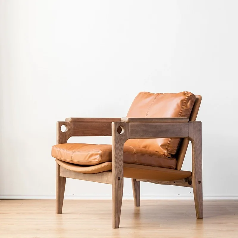 Vintage oak wood frame accent chair living room furniture sofa wood frame leather leisure single armchair