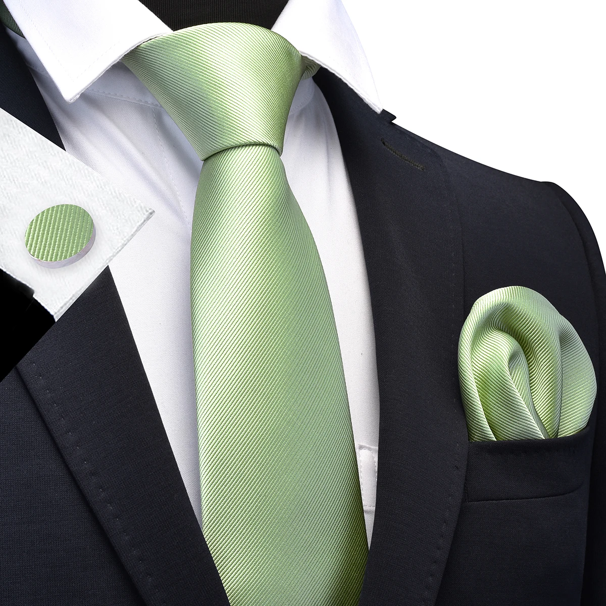 Mens Solid Color Tie and Pocket Square Cufflinks Set Woven Silk Plain Jacquard Necktie Handkerchief for Men Wedding Party Formal