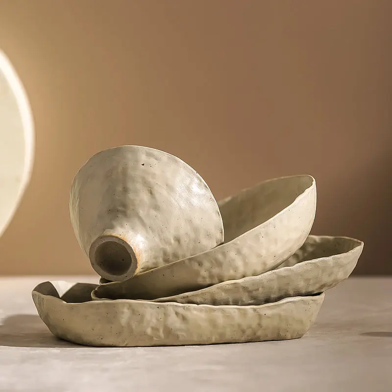 Dinner Plates Irregular EdgeBowl Ceramic Handmade Dining Tools Home Vintage Small Sauce Dish Soup Tray Japanese Tableware Set