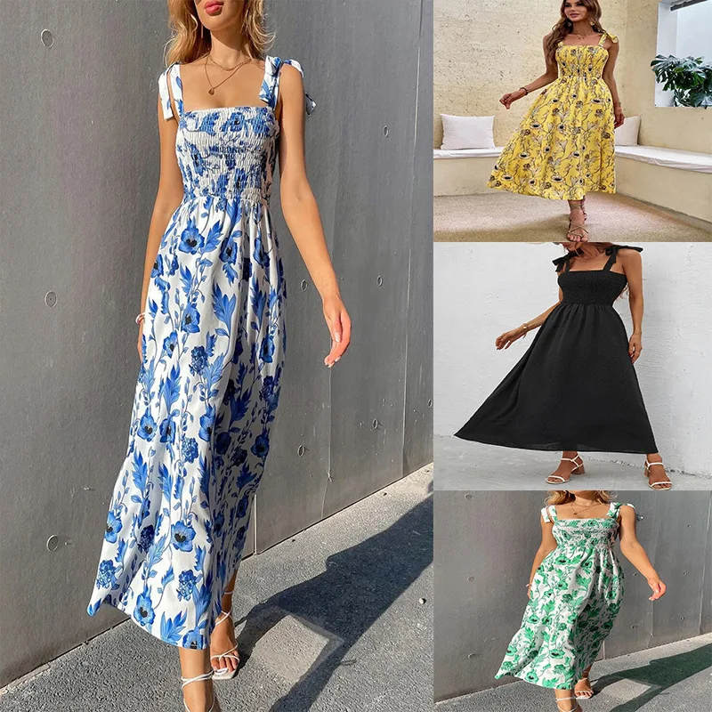 New Women Lady Beach Wear Elegant Floor-Length Printed Spaghetti Straps Teenage Girls Dresses