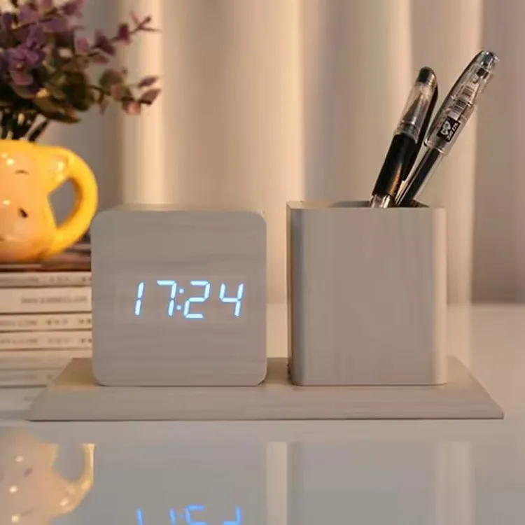 Wooden pen holder alarm clock desktop home living room voice control Stylish led wood penstudent digital mute clock