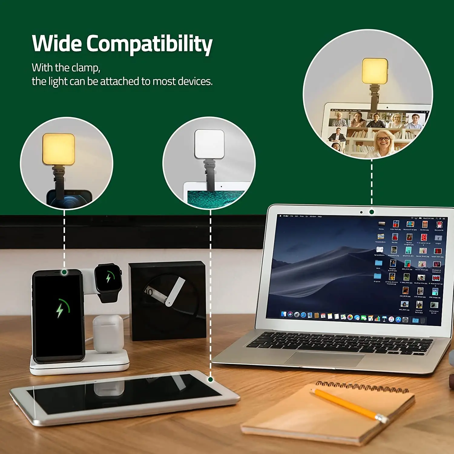 2000mAh Rechargeable LED Video Light Clip for PC/Phone Soft Light Panel Camera Light with 100 LED Beads and 3 Cold Shoes