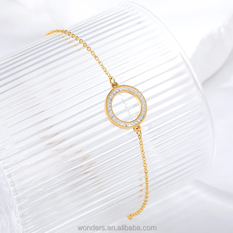 Stainless Steel CZ Open Circle Charm Link Chain Bracelet Bangle Steel Jewelry For Women Girls Ladies Bracelet Charm