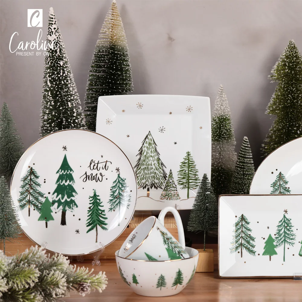 Customized Christmas Gold Decal Ceramic Tableware Sets Dinner Plate