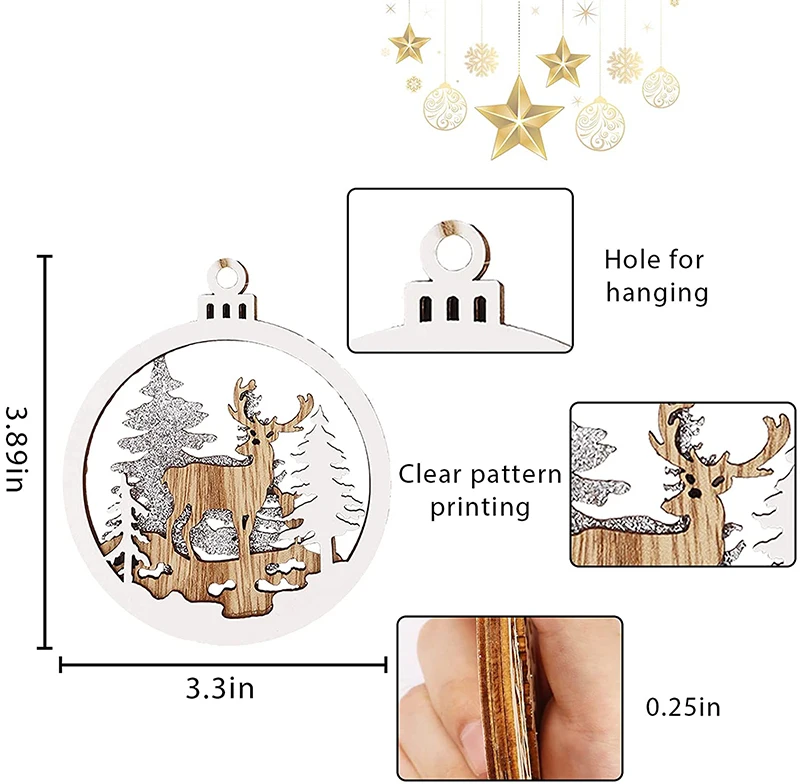 10cm 3 Layer Carving Wooden Hanging Crafts  Gift Tags Hanging Ornaments Set for Christmas Tree Decorations