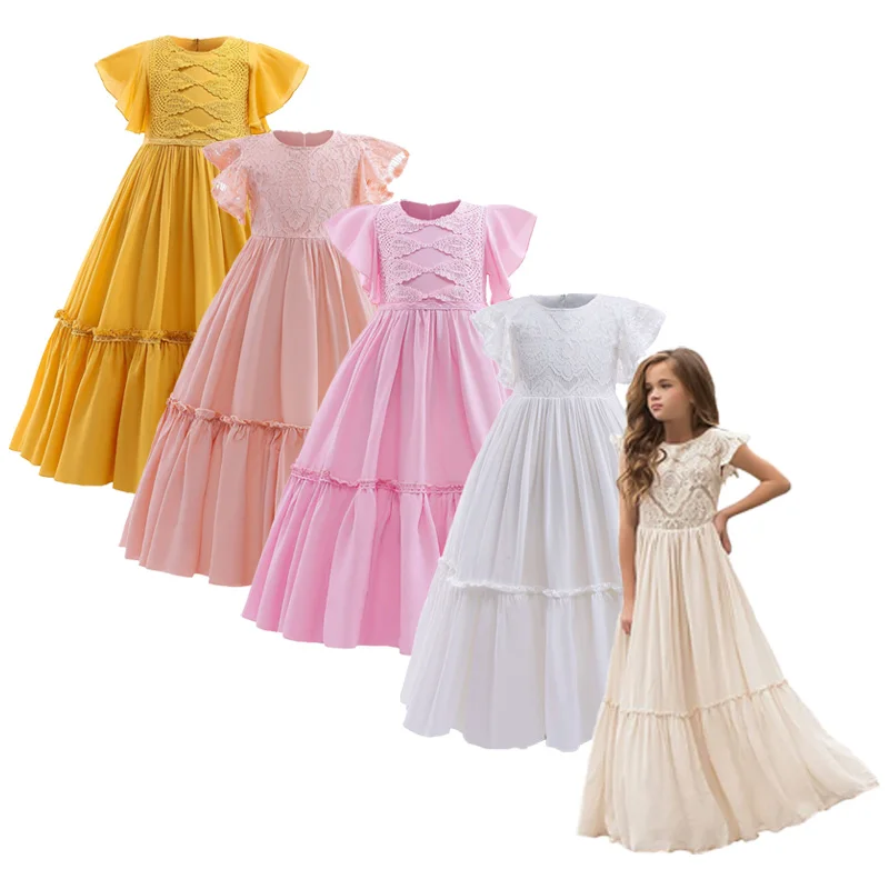 Fancy Casual Boho Long Maxi Flower Girl Dress Elegant  Wedding Kids White