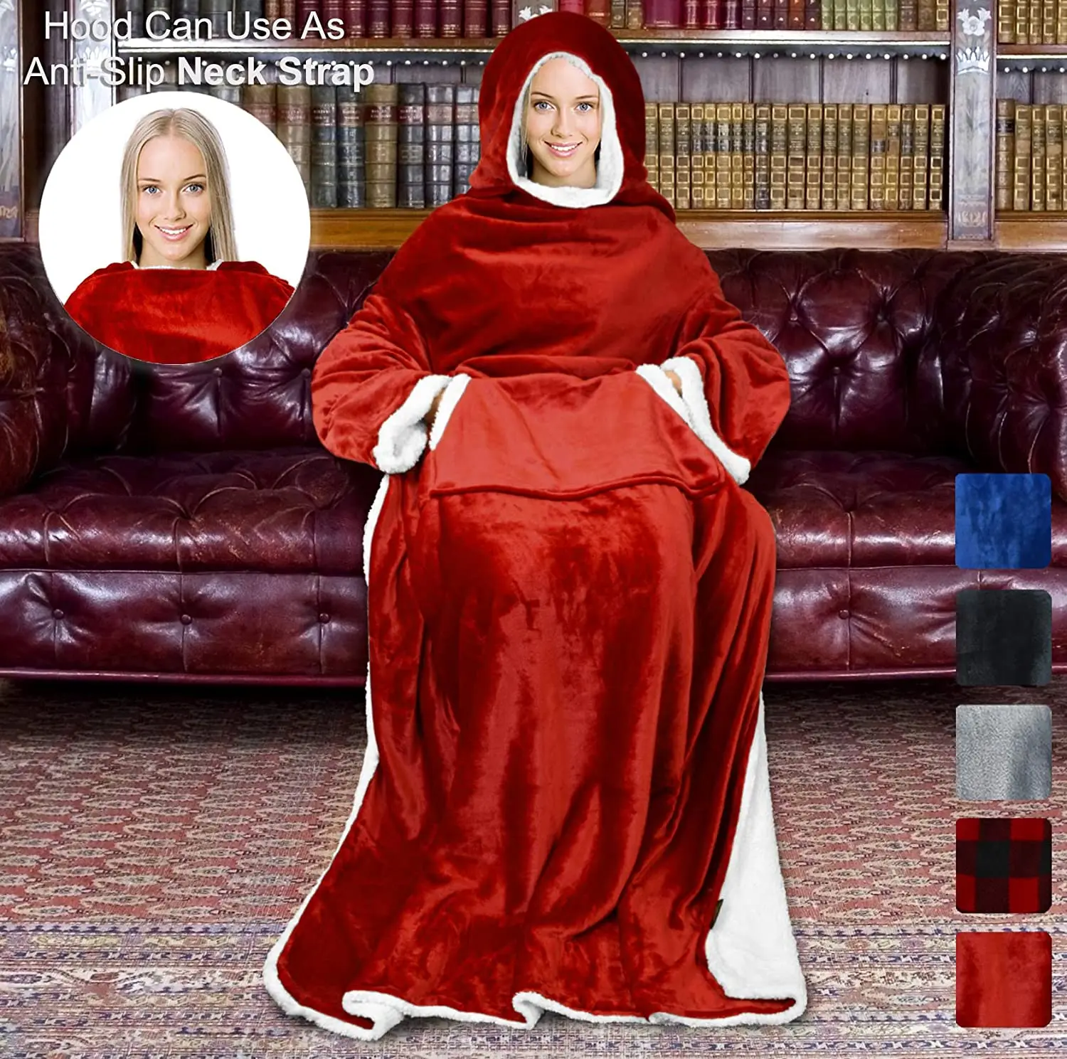 Winter warm one size for all giant flannel sherpa hug sleep blanket double layer wearable hoodie tv blanket with hood