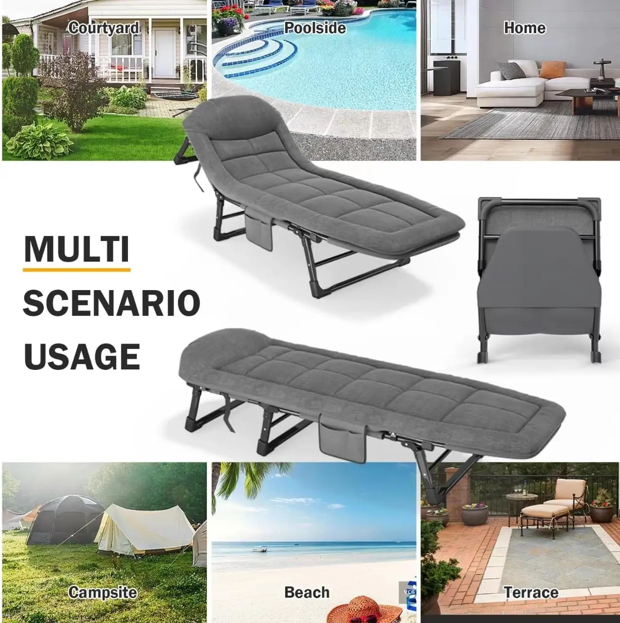 Folding Camping Cot for Adults 5-Position Folding Chaise Lounge Chair Canvas Folding Cot for Indoor Outdoor