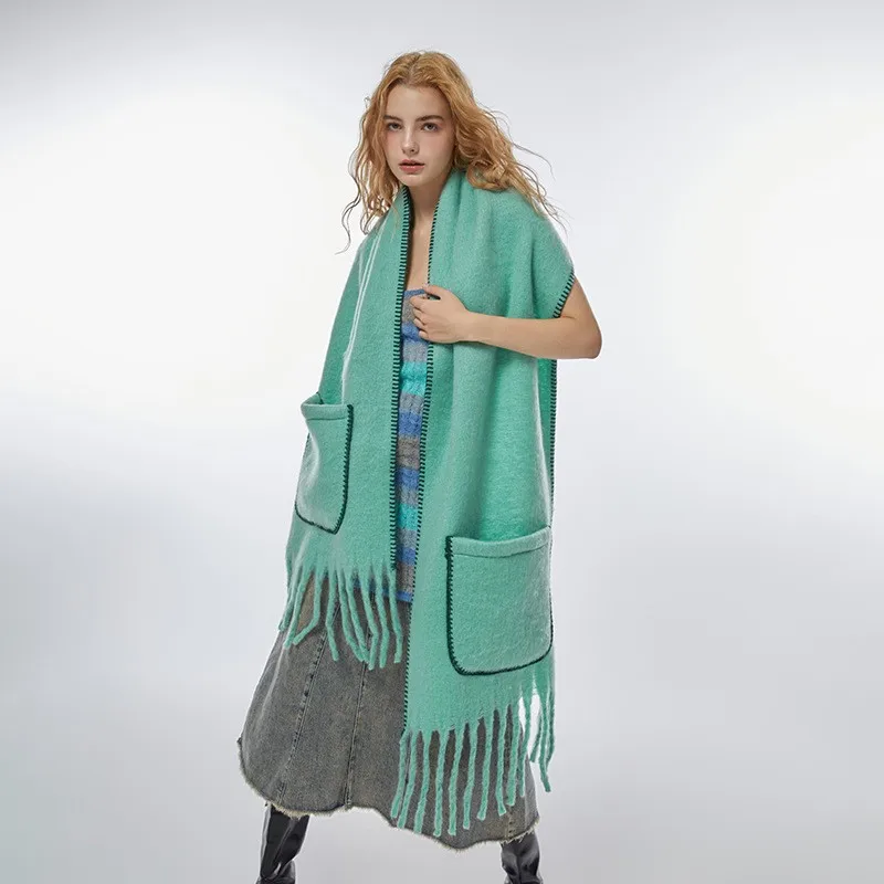 2024 European American Soft Thick Winter Scarves with Pockets Shawl Wrap Pashmina Cashmere Scarf Women