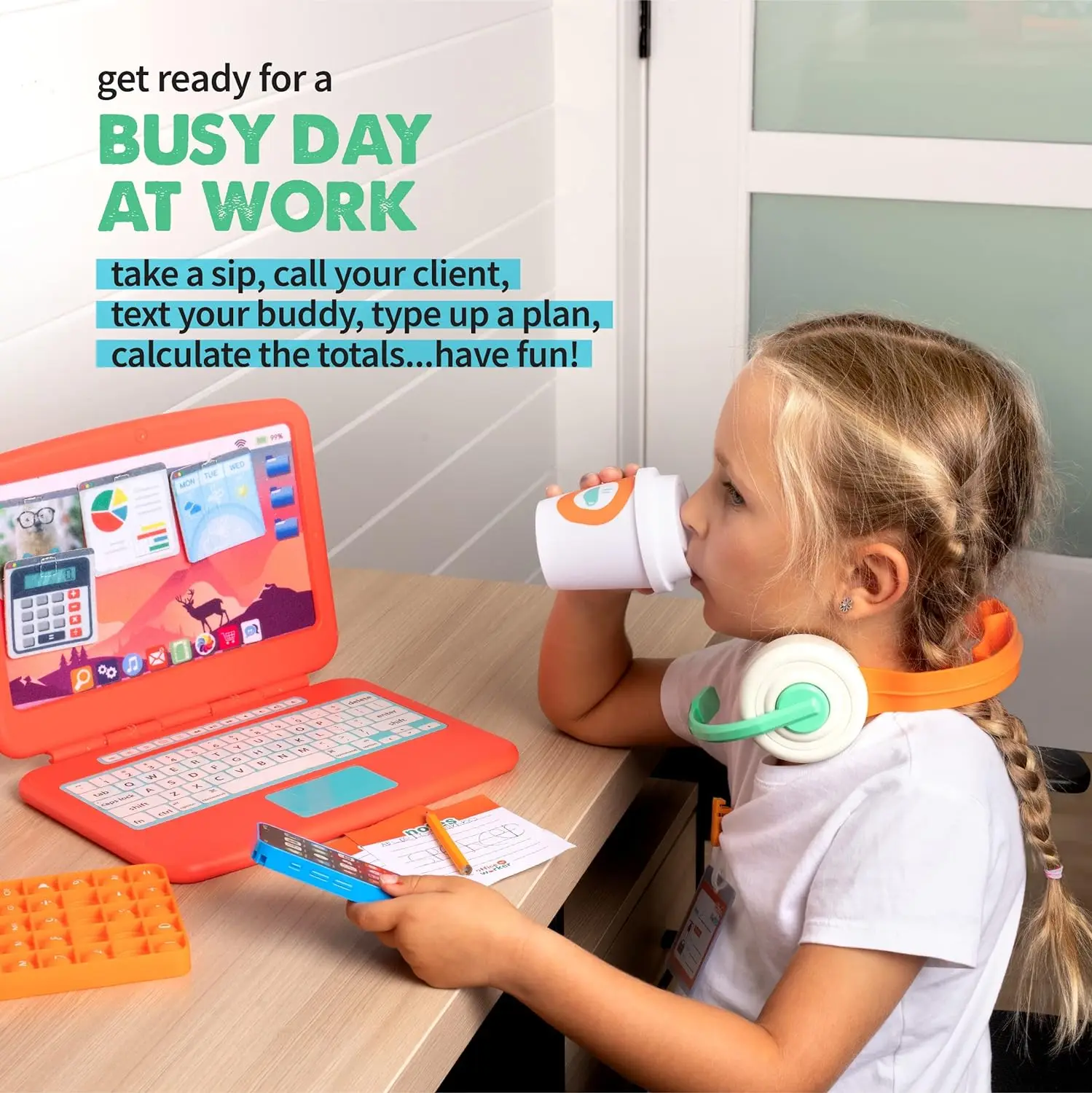 Pretend play office Set toy,educational laptop toys for kids with Phone w/LED Lights & Sounds, Calculator Pop It & Headset
