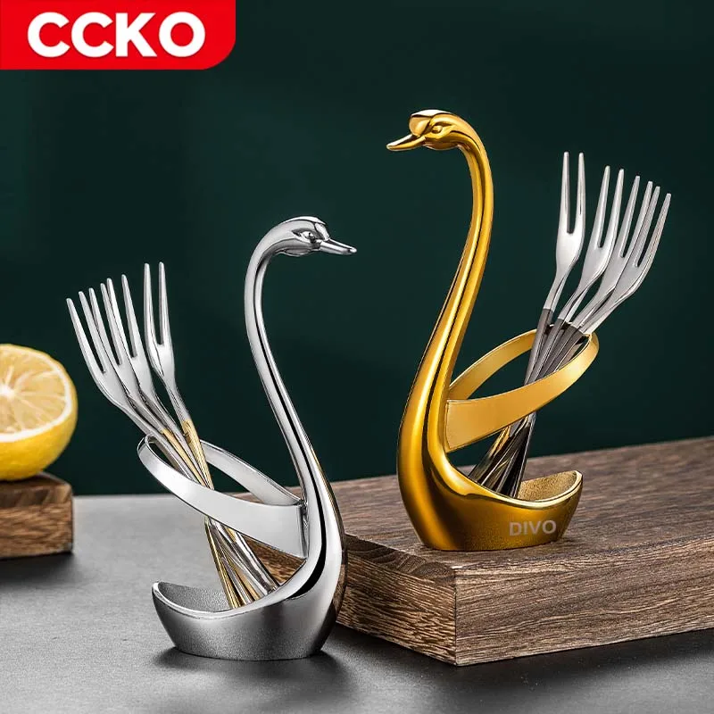 2022 Luxury Gold Swan Base Ornaments Flatware Fruit Fork Spoon Holder Storage Stand For Kitchen Dining Party Picnic Decoration