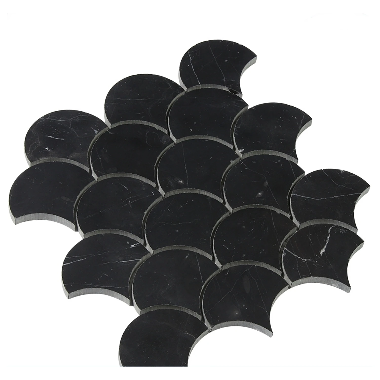 Black Nero Marquina Polished Kitchen Backsplash Fan Shape Marble Mosaic Tiles for Shower Wall Waterjet Pattern