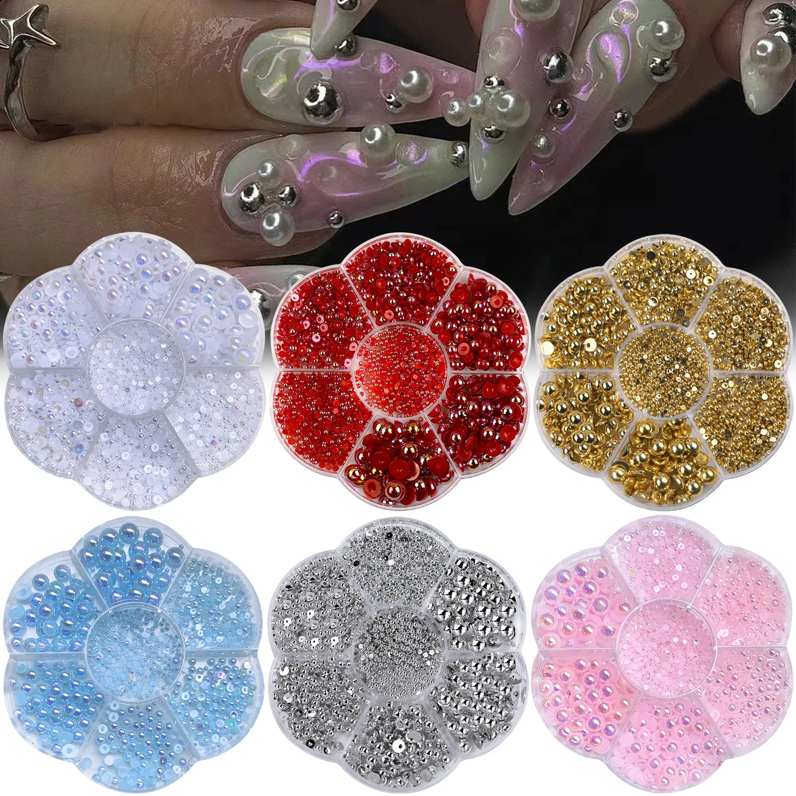 C138 SAFENG 7 Grids Half Pearl Nail Charms Kit Colorful Flat Back Pearl Nail Art Jewelry For DIY Nail Art Decoration