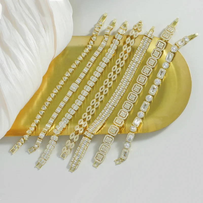 Luxury Iced Out 18K Gold Plated Brass Micro Paved Zircon Copper Adjust Beaded Charm CZ Cuban Chain Tennis Bracelet For Men Women