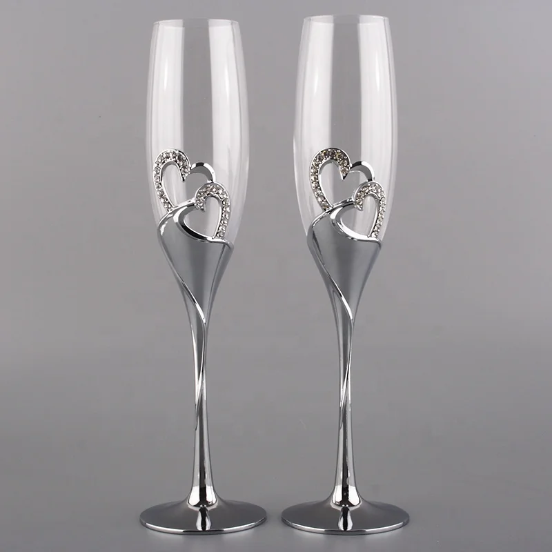 Customized Crystal Fancy Champagne flutes Glass with diamond metal stem