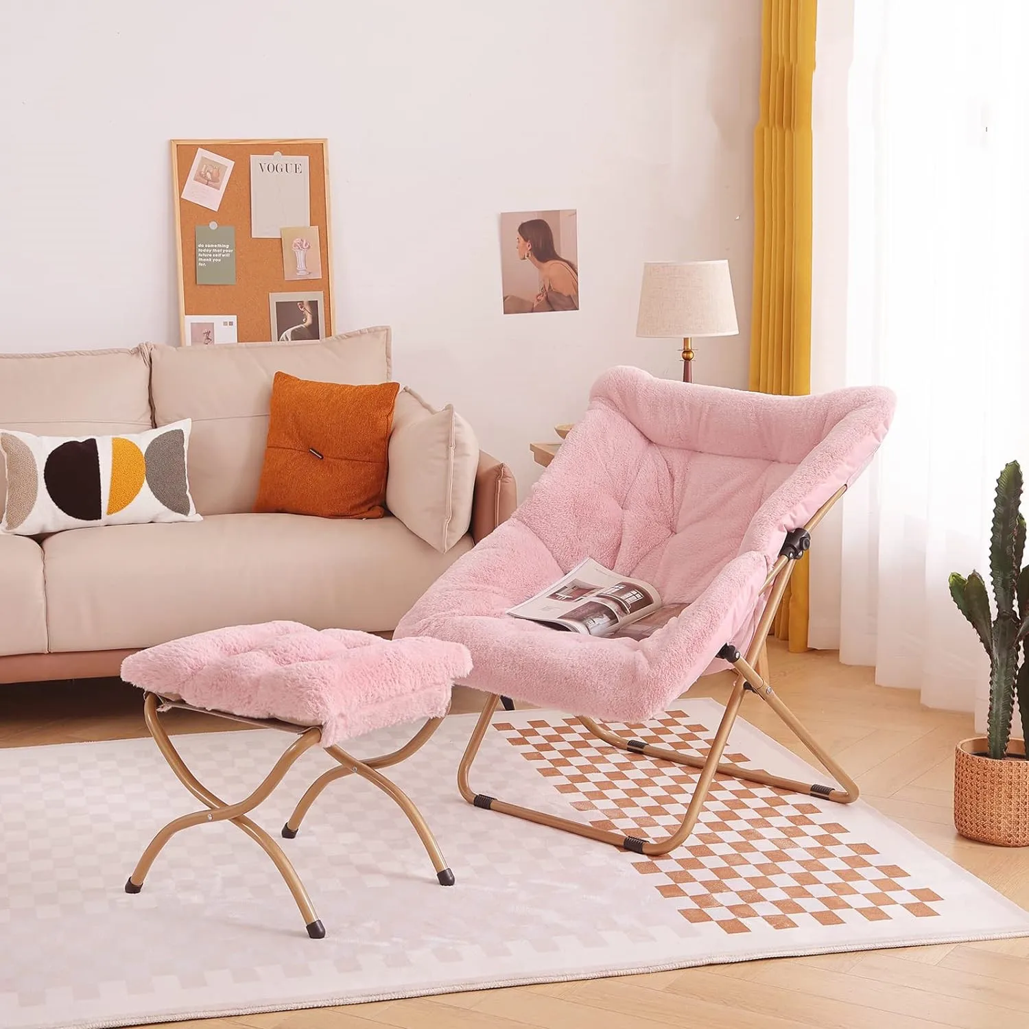 Soft Faux Fur Oversized Folding Accent Lounge Lazy Moon Chairs Living Room Garden Courtyard Modern Saucer Chair with Ottoman