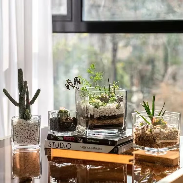 Clear Cube Glass Candle Holder Flower Vase for Home Wedding Party Decoration Square Glass Candle Holder Vase