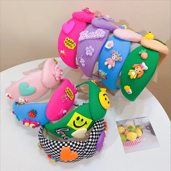 Cartoon double color block hair bands Handmade wide-brimmed hair bands Girls go out to press hair bands